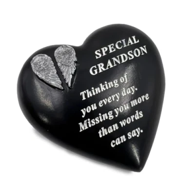 Image of Special Grandson Angel Wings Memorial Black Heart Grave Plaque Graveside Ornament Decoration
