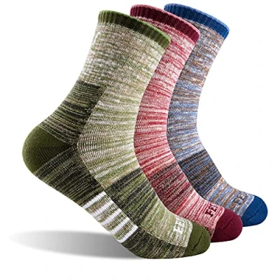 Image of FEIDEER Women&#039;s Hiking Walking Socks, Multi pack Outdoor Recreation Socks Wicking Cushion Crew Red/Blue/Green, L