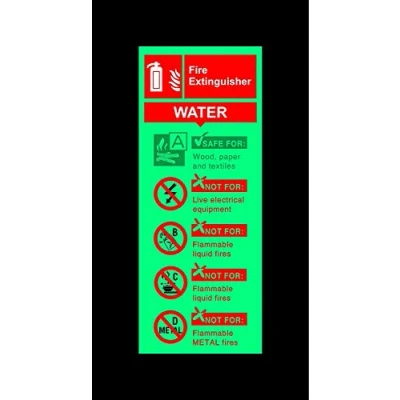 Image of Water fire extinguisher safety sign 200mm x 80mm 1.2mm Photoluminescent rigid plastic with self adhesive backing