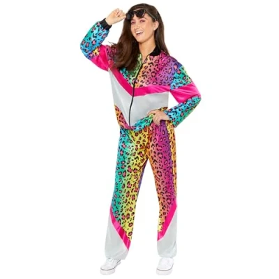 Image of amscan 9919053 Unisex 1980&#039;s Neon Animal Print Shell Suit Adults Fancy Dress Costume (Chest size: 40&quot;)
