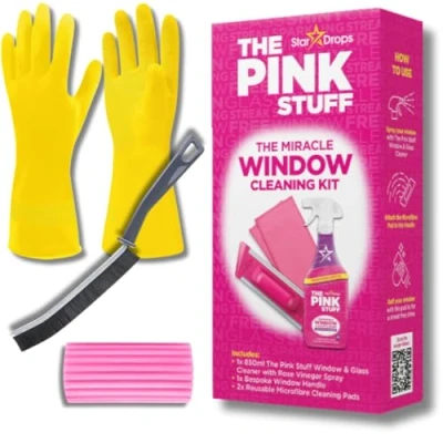 Image of Kevagh Premium Window Cleaning Bundle The Pink Stuff Miracle Kit, Damp Duster Sponge, Narrow Gap Brush, and Household Rubber Gloves Ultimate Home Solution