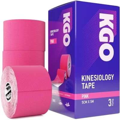 Image of KGO Kinesiology Tape Pink, Sports Elastic for Muscle and Joint Support, Kinesio Tape, K Physio 5cm x 5m, Box of 3