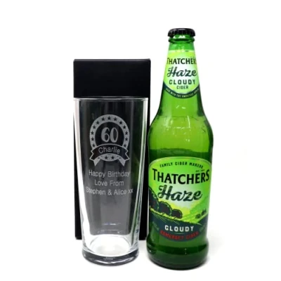 Image of Personalised Pint Glass &amp; Cider Birthday Design (Thatchers Haze Somerset Cider, No Gift Box)