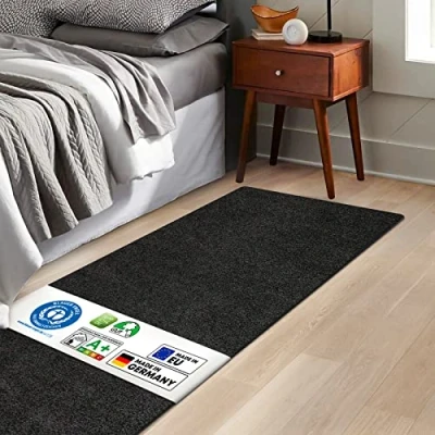 Image of KARAT Barcelona Bedroom Runner Rug, Deep Pile Bed Surround Carpet Floor Mat, Rug Mat for Bedroom, Living Room, Hallway (Black, 80 x 200 cm)