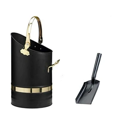 Image of Srendi® Black Brass Handles Coal Bucket Hod Heavy Duty Scuttle Fireside Fireplace Size Large16 Inches (Brass Handle Bucket+Shovel)