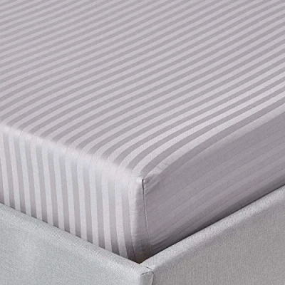 Image of HOMESCAPES Grey Deep Fitted Sheet (12) King 330 TC 500 Thread Count Equivalent Satin Stripe Pure Egyptian Cotton Bed with Fully Elasticated Skirt