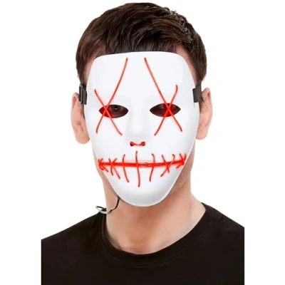 Image of Smiffys Stitch Face Mask, Neon Light Up, White with Elastic Strap, Halloween Fancy Dress Accessory, Adult Up Masks