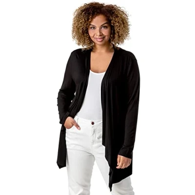 Image of Roman Curve Women Waterfall Front Jersey Cardigan Ladies Spring Everyday Summer Evening Vacation Work Holiday Long Sleeve Smart Casual Black Size 18