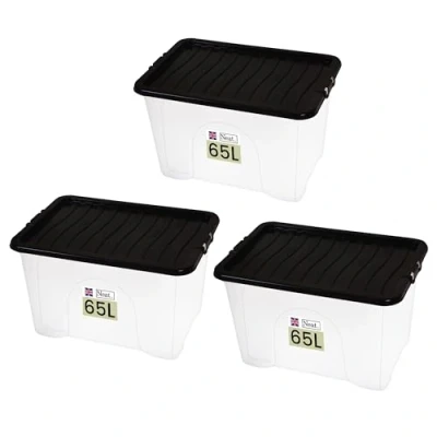Image of Neat. Plastics 65L Storage Box, Clear Base, Black Lid Organise Easily with Plastic Box Lid, Ideal Boxes for Storage, Durable Lids Pack of 3