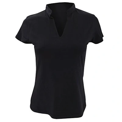 Image of Kustom Kit Ladies&#039; Corporate Short Sleeve V Neck Mandarin Collar Top, Black, 8 10. KK770