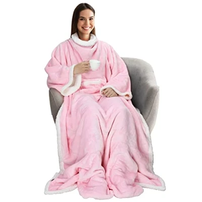 Image of Wearable Blanket with Sleeves and Foot Pocket, Silent Night Snugsie Blanket, Soft Cosy Fleece Blankets for Sofa, Winter Gift Family, 190 x 135 cm, Grey