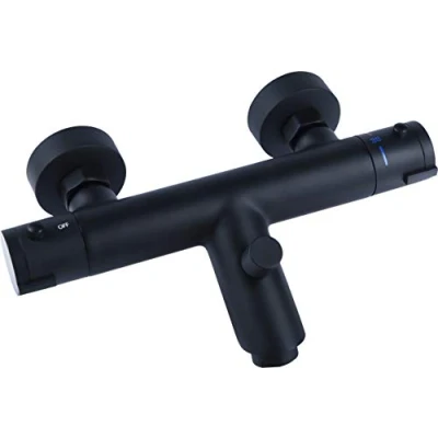 Image of Cornat Noir NERS2 Bath Thermostatic Mixer Tap for Wall Mounting Matt Black Brass Body Temperature Selection Handle and Hot Water Lock