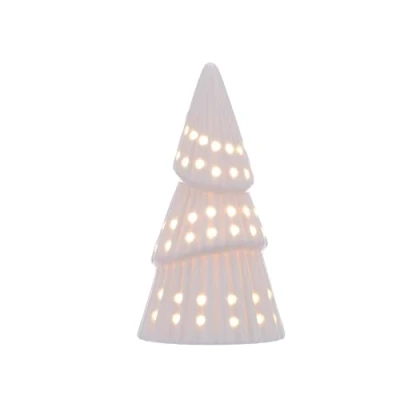 Image of LED Light Up White Porcelain Christmas Cone Shaped Tree 16cm Tall Lantern Lamp Decoration