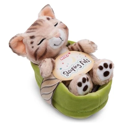 Image of NICI cuddly toy cat Bengal 12cm, sleeping in basket, Plush to cuddle and love, Sustainably produced from recycled materials 49747