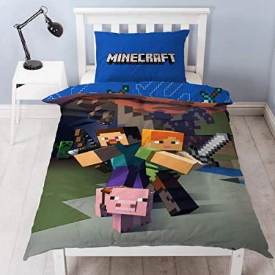 Image of Minecraft Reversible Single Duvet Cover Set, Polyester Cotton, Blue
