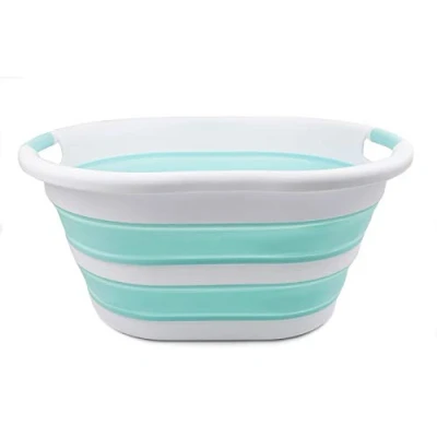 Image of SAMMART 36L Collapsible Plastic Laundry Basket Oval Tub/Basket Foldable Storage Container/Organizer Portable Washing Tub Space Saving Hamper, Water Capacity: 28L (1, White/Lake Green)