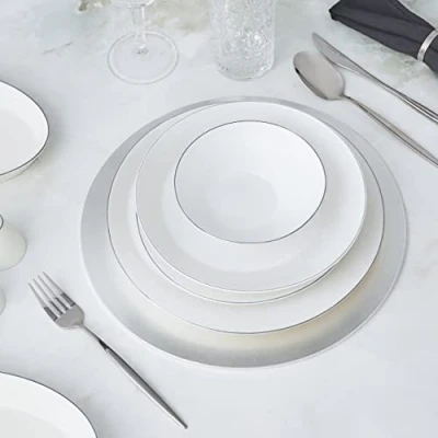 Image of Karaca x Hussein Chalayan Streamline Sun Path 59 Piece New Generation Bone China Dinner Set for 12 People, Plates, Pasta Bowls, Side Soup Serving Platters, White Platinum