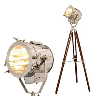 Image of Nautical Searchlight Spotlight Antique Vintage Style Wooden Tripod Floor Lamp Home Decor Lighting