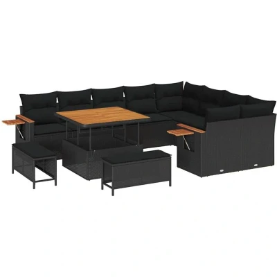 Image of vidaXL 12 Piece Garden Sofa Set with Cushions Black Poly Rattan Acacia
