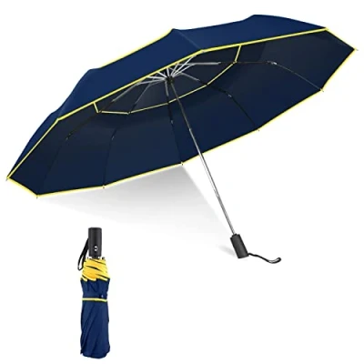 Image of Kalolary 62 Inch Golf Umbrella Automatic Open Windproof Compact Large Double Canopy, Travel Folding Strong Oversized Rain Umbrellas (Blue)
