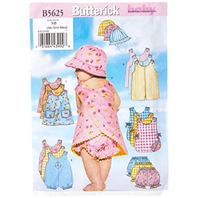 Image of Butterick Patterns B5625 Size NB0 NB Small M Infants Romper Jumper Panties and Hat, Pack of 1, White