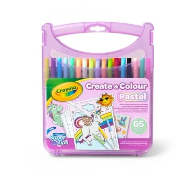 Image of CRAYOLA Pastel Create &amp; Carry Case 65+ Pieces Including Markers, Stickers, Line Art Ages 4+