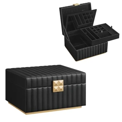Image of SONGMICS HOME ANAH Collection 2 Tier Jewellery Box with Mirror, Organiser, Removable Tray, PU Surface Stitching, Floating Effect, 21.5 x 24 13.5 cm, Gift Idea, Ink Black JBC182B01