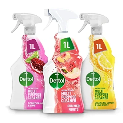 Image of Dettol Antibacterial Sprays, Multipack, Pomegranate and Lime Cleaner 1L, Summer Fruits Sparkling Lemon Total 3L, Kitchen Cleaning Products, Disinfectant Spray