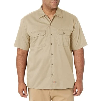 Image of Dickies Men&#039;s Short Sleeve Work Shirt Big and Tall Button, Desert Sand, XL