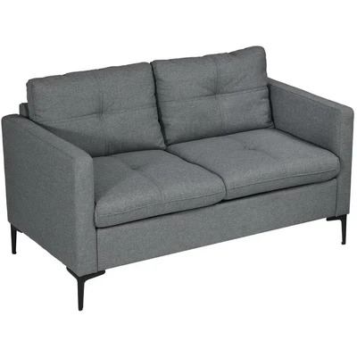 Image of HOMCOM 2 Seater Sofa for Living Room, 133cm Loveseat Sofa, Modern Fabric Couch with Steel Legs Bedroom, Dark Grey