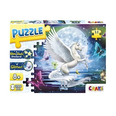 Image of CRAZE Teile mit Glitzerdruck und Leuchtsternen für Kinder ab 8 Jahren, Puzzle Jigsaw Moonlight Pegasus 200+ Pieces Print and Luminous Stars Children from Years, 30196, Glitter Effects + Stickers