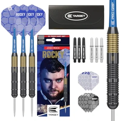 Image of TARGET Darts Josh Rock Steel Tip Darts, 22G Brass Nickel Fixed Point Dart Set, Player Edition with Black Tips, Professional Accessories &amp; Case