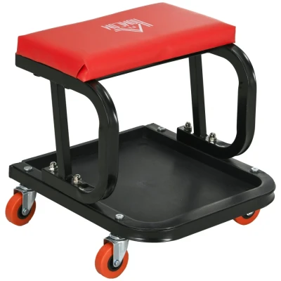 Image of HOMCOM Workshop Stool, Rolling Mechanic Stool with 360 Degree Swivel, Padded Seat, Tool Tray, for Garage, Workshop, Auto Repair, Red