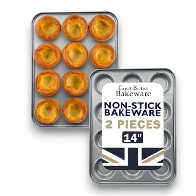 Image of Samuel Groves 2 Pack Bun Yorkshire Pudding, Cupcake, Muffin, Mince Pie Tray, Double Coil Coated Non Stick, UK Made Perfect for Air Fryer, PFOA &amp; BPA Free (12 Hole)