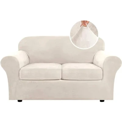 Image of LINGKY Velvet Sofa Cover 2 Seater With Separate Seat Cushion Covers, Stretch Couch Non Slip Slipcovers for Living Room Furniture Protector (Ivory,2 Seater)