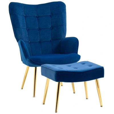 Image of HOMCOM Modern Armchair with Footstool, Upholstered Accent Chair Ottoman, Steel Legs, Velvet Wingback for Living Room, Bedroom, Home Study, Dark Blue
