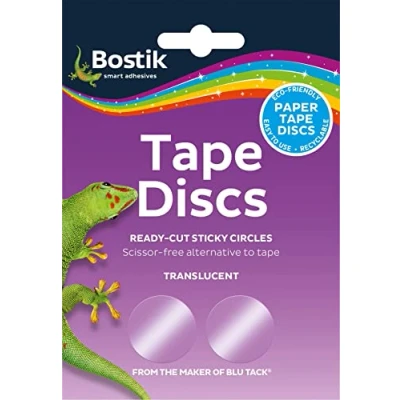 Image of Bostik Tape Discs, Easy Way to Wrap Presents, Made of Paper, Eco Friendly, Recyclable, UKCA and CE approved, Colour: Translucent, 120 Discs