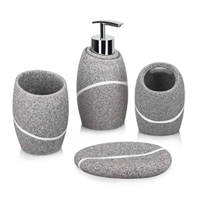 Image of Bathroom Accessory Set,4 Pieces Accessories Complete Set Vanity Countertop with Marble Look,Includes Soap Dispenser,Bathroom Toothbrush Holder,Tumbler,Soap Dish,Grey Granite