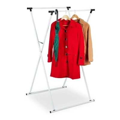 Image of Relaxdays Extendable Clothes Stand, Coat Rack, HxWxD: 139 x 135 95 cm, 2 Rails, Hallway, Folding Valet, Metal, White, 80% iron 20% plastic