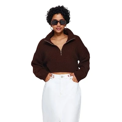 Image of Trendyol FeMan Regular fit Basic Standing Collar Knitwear Sweater,Brown,M
