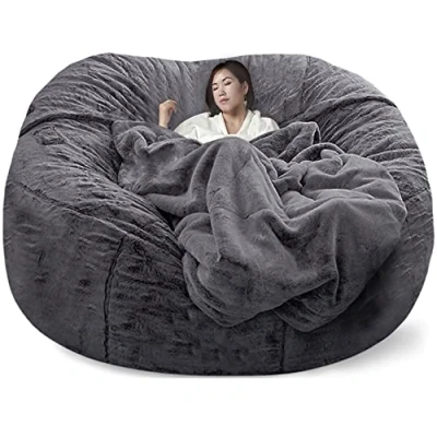 Image of REOTEL Soft Giant Bean Bag Chair Cover Breathable And Comfortable for Adult Living Room Light Big Round Fluffy Faux Fur BeanBag Lazy Sofa (No Filler),Snow Dark Gray,7FT