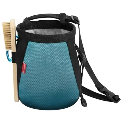 Image of MoKo Rock Climbing Chalk Bag, Bouldering Pot Bucket with Adjustable Belt &amp; Carabiner Drawstring Gear for Weight Lifting Gymnastics Crossfit Black+Light Blue