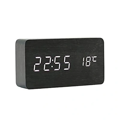 Image of ThreeH Desk Wooden Alarm Clock Digital 3 Set of and Voice Control,Large Display Time Temperature,Date,USB or Battery Powered for Home,Kids,Bedroom,Office AC11 Black_White