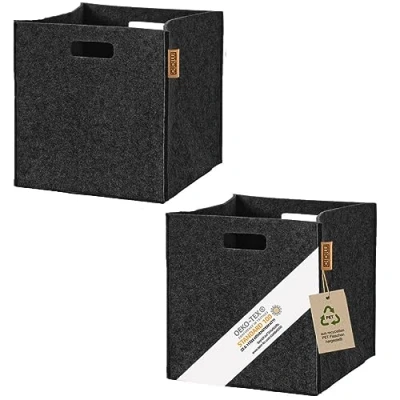 Image of MIQIO® Design Storage Box Made of Felt Fabric, Set 2 Baskets, Folding Box, 30 x cm, Organiser Boxes Suitable for Kallax Shelf, Dark Grey Black