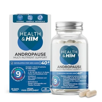 Image of Health &amp; Him Andropause 40+ Supplements for Men 60 Capsules Men&#039;s Multivitamin with Zinc, Shilajit Ashwagandha Vegan, Gluten Free, Vitamins