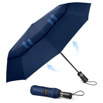 Image of TECKNET Windproof Umbrella, Strong Compact Travel Automatic Umbrellas, Large Wind Resistant Umbrella with 10 Ribs, Folding Lightweight Golf for Rain, Blue