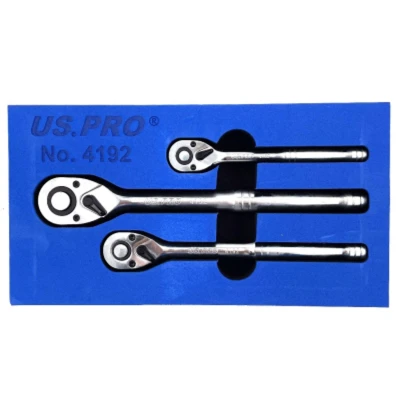 Image of US PRO Tools 3 Piece Hand Ratchet Set 1/4&quot; 3/8&quot; 1/2&quot; in a Foam Tray 4192