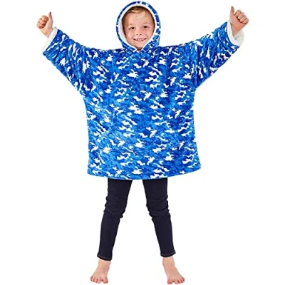 Image of Just Essentials Womens Kids Soft Fleece Hoodie Wearable Blanket Oversized Sweatshirt UK Seller Blue Camo Print One Size