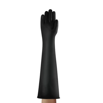 Image of Ansell AlphaTec 87 108 Chemical Resistant Gloves in Latex with Long Cuff (61cm/24in), Heavy Duty Protection against Acids and Solvents, Reusable Rubber Gloves, Black, Size L (1 Pair)