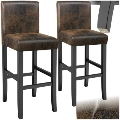 Image of TecTake® Set of 2 Bar Stools, Ergonomic Design, High Gloss Hardwood Legs, Easy Care Synthetic Leather, Counter &amp; Kitchen Island Breakfast Stool, PU Tall Chair with Optimal Comfort Antique Brown
